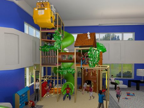 Parque infantil de dos secciones con tema de casa de árbol y tobogán en espiral