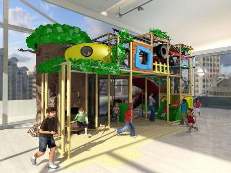 Hoekaanzicht van breed speelplaatsontwerp met kinderclubhuis als thema