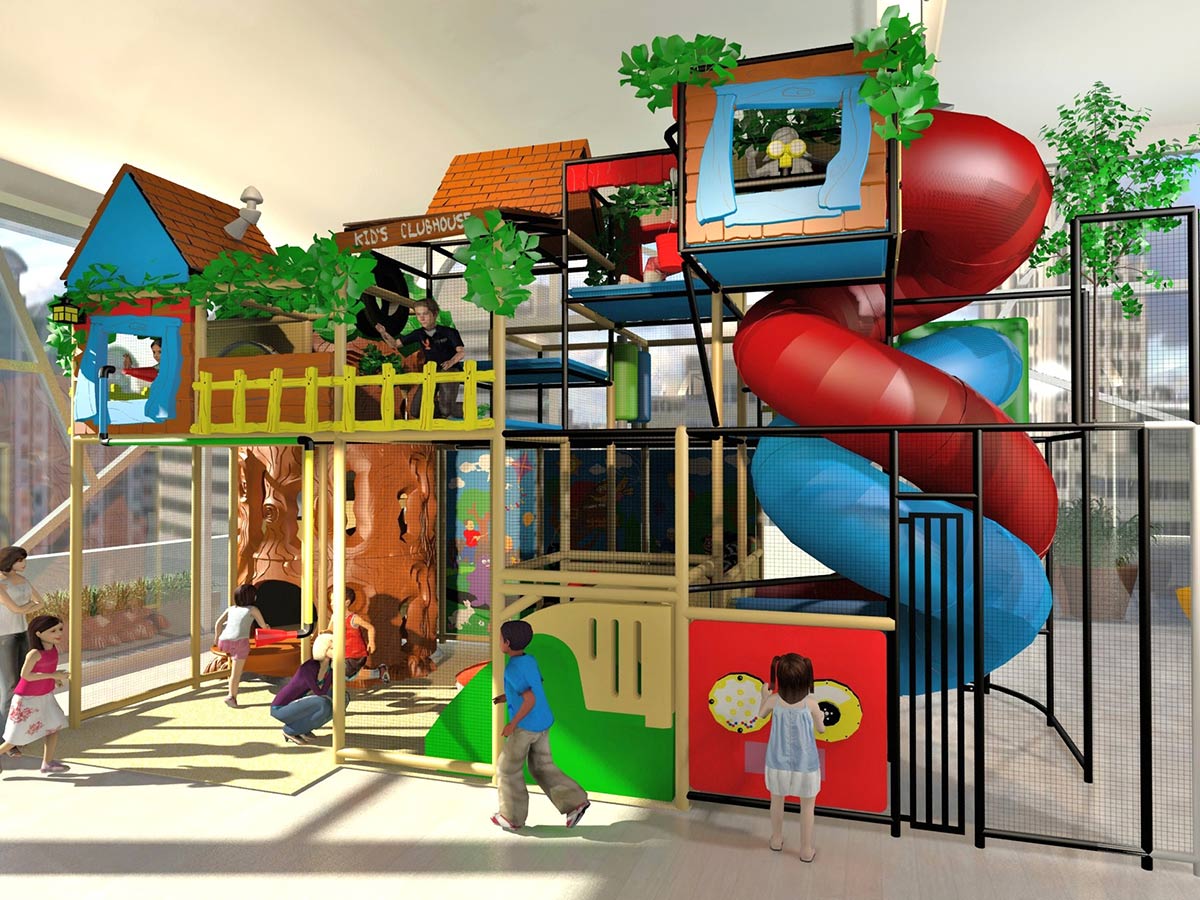 Large Treehouse Themed Playground with Tree Climbing Tower and Bridge with Two Spiral Slides