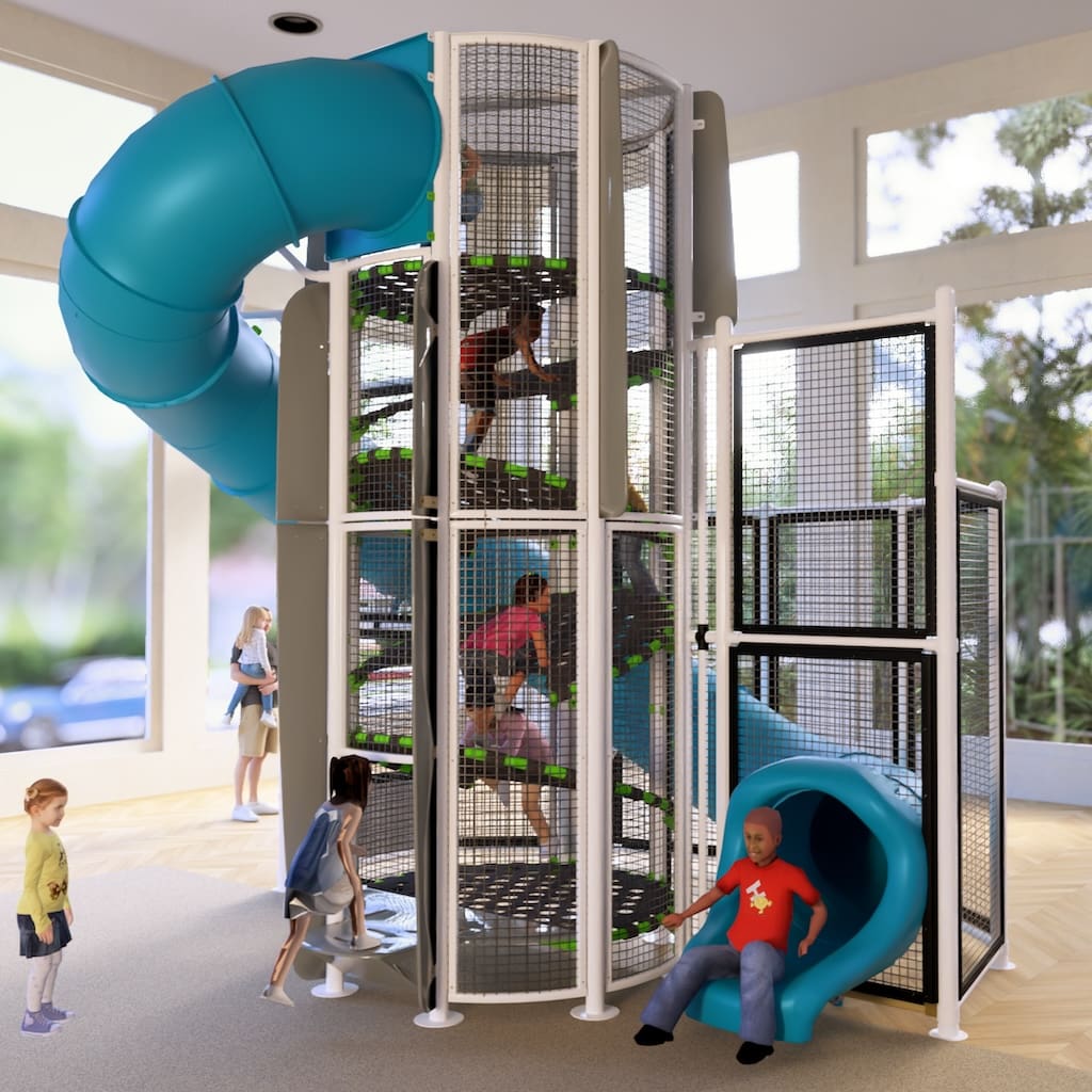 New Heights Tower with a blue spiral slide, ground level view