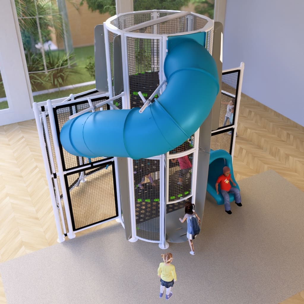New Heights Tower with a blue spiral slide, elevated view