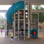 New Heights Tower with a blue spiral slide, ground level view