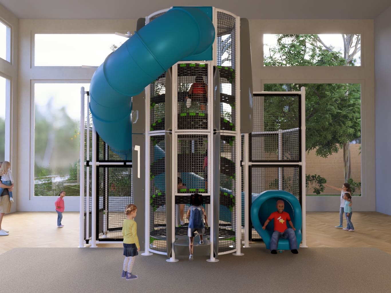 New Heights Tower with a blue spiral slide, ground level view