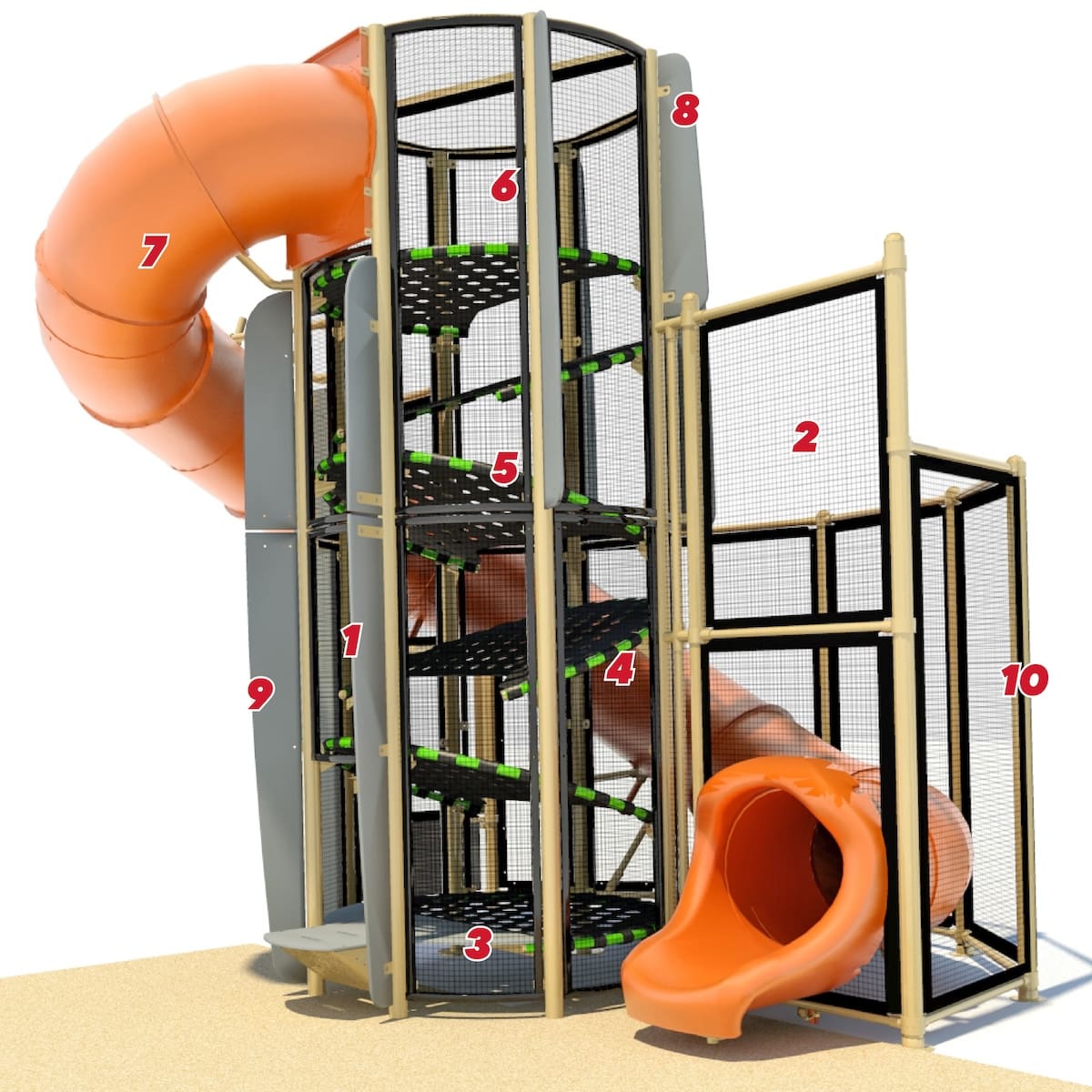 New Heights Tower with an orange spiral slide, eye level view