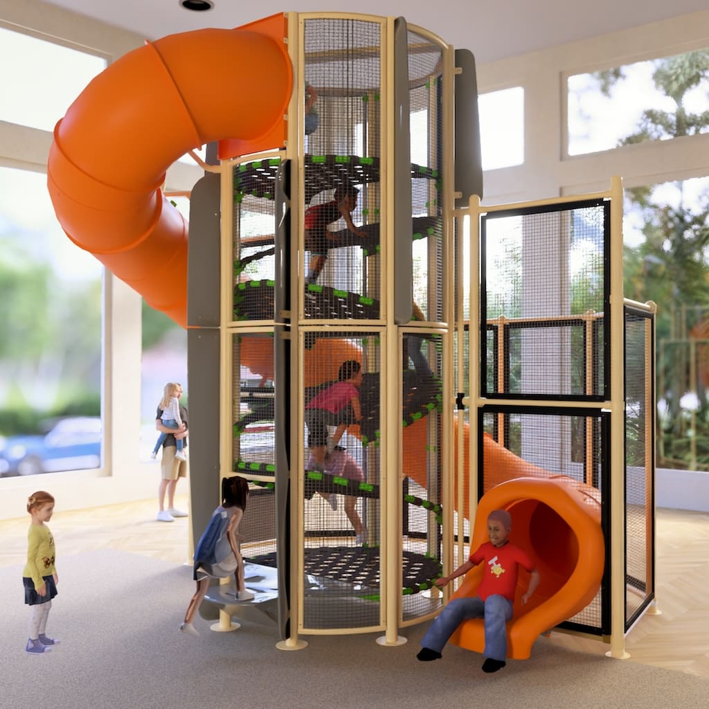 New Heights Tower with an orange spiral slide, eye level view