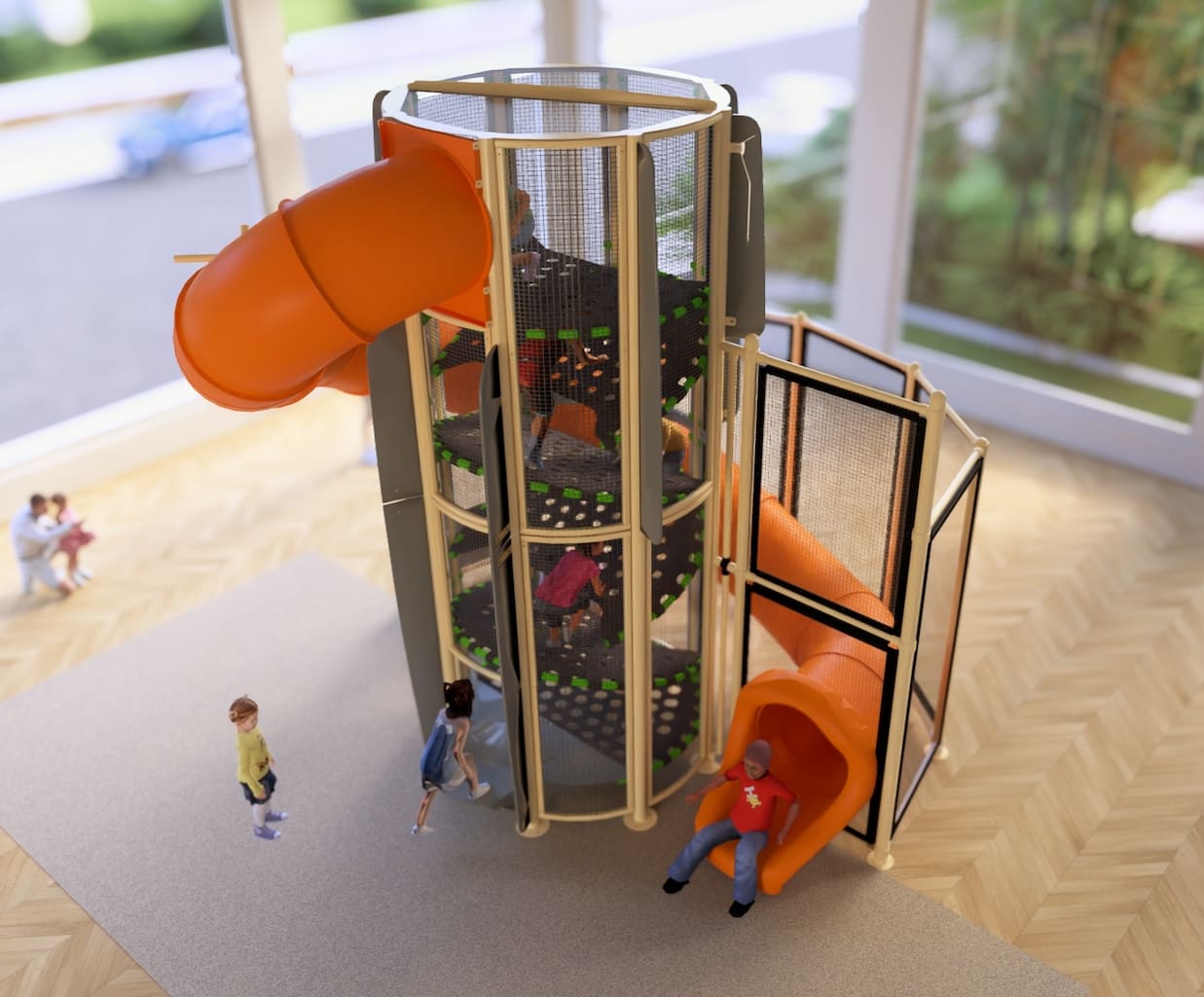 New Heights Tower with an orange spiral slide, elevated viewpoint