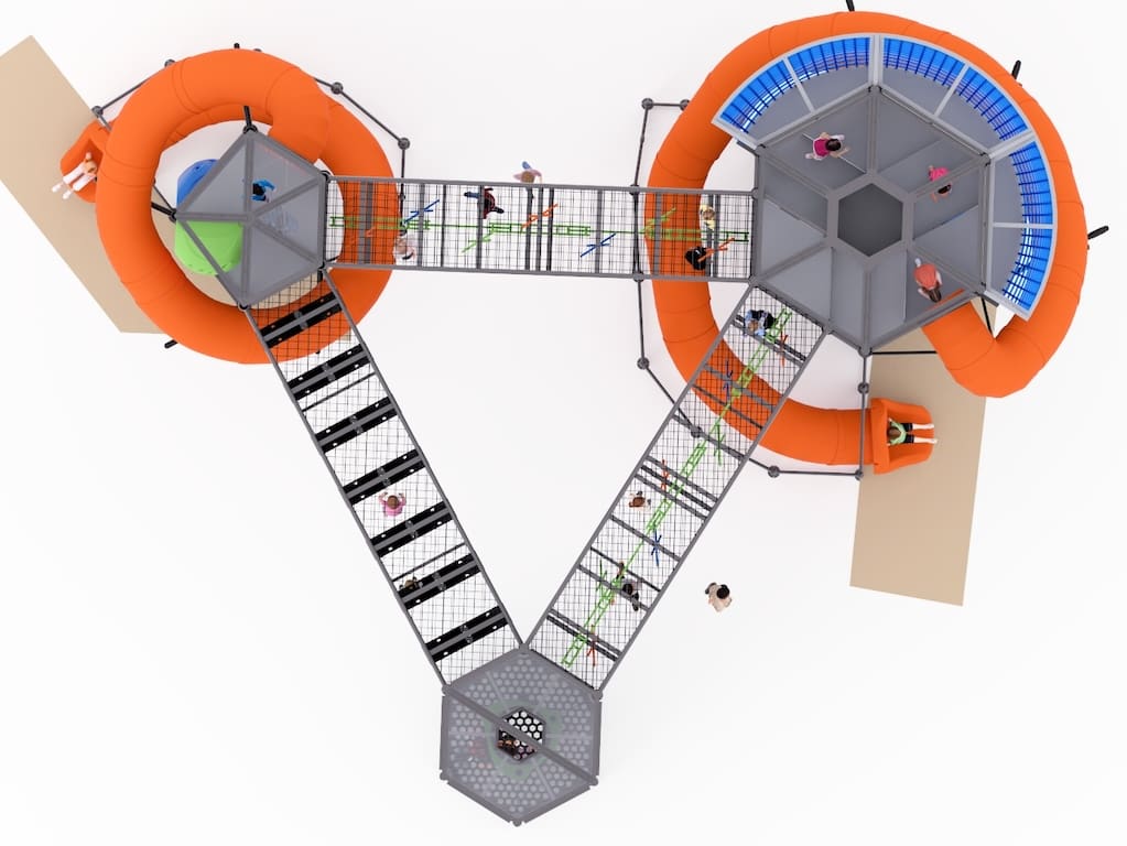 SKYCOURSE indoor playground with tall climbing towers, top view