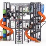SKYCOURSE indoor playground with tall climbing towers, eye level view