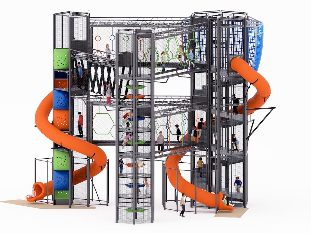 SKYCOURSE indoor playground with tall climbing towers, eye level view