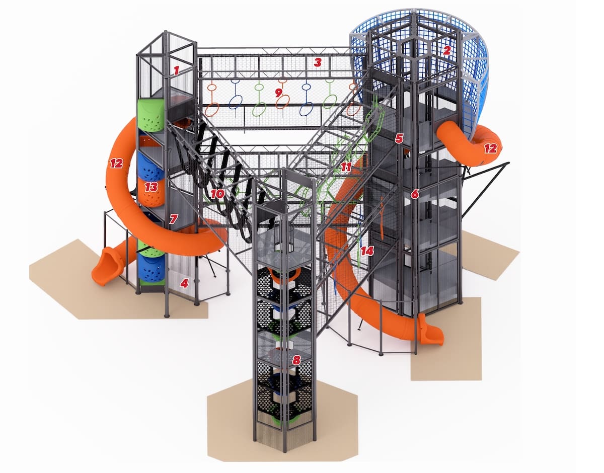SKYCOURSE indoor playground with tall climbing towers, view from above