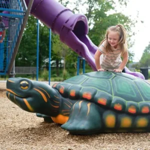 girl playing on turtle statue in play area