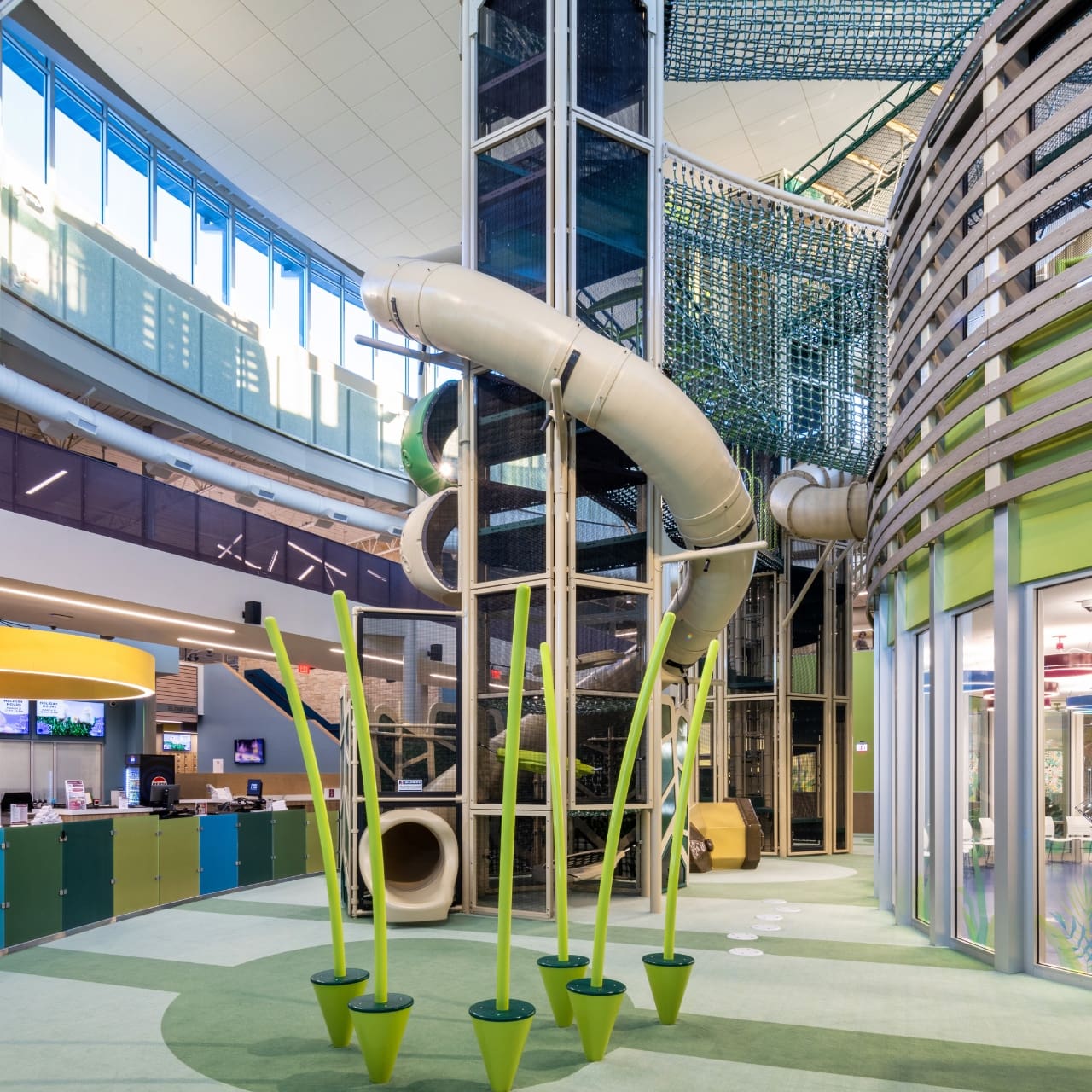 climbing tower playground equipment, recreation center, three story climb