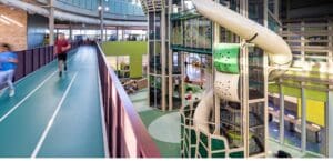 Stephen Terrell Rec Center, running track, climbing tower and playground for kids