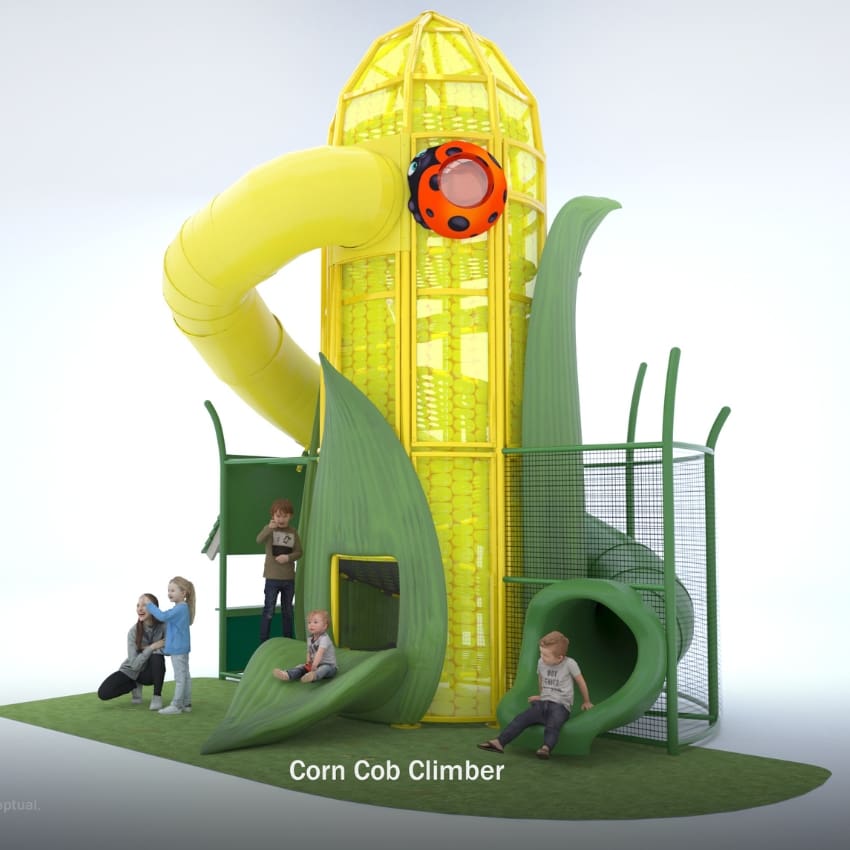 playground climbing tower and slide, tower shaped like corn cob
