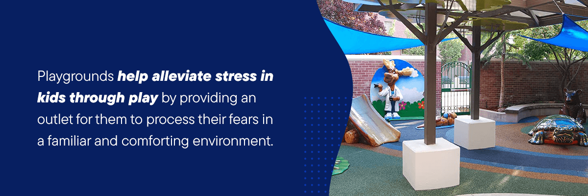 Playgrounds help alleviate stress in kids through play by providing an outlet for them to process their fears in a familiar and comforting environment.