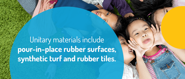 unitary materials include pour-in-place rubber surfaces, synthetic turf, and rubber files